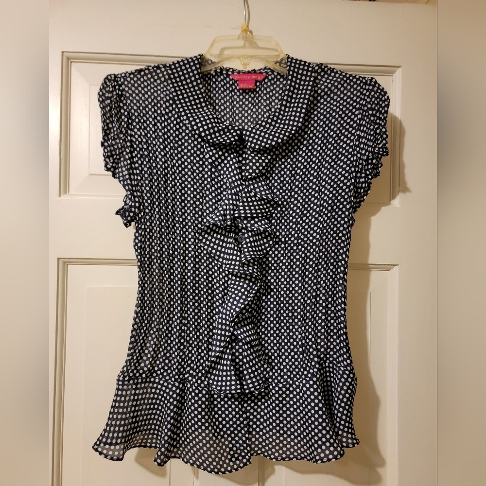 Sunny Leigh Polka Dot Ruffle Blouse - Black and White Size Large EUC